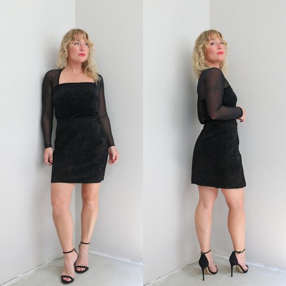 1980's Vintage Black Suede Leather Mini Skirt ~ Women's SM MD 28" 29" Waist 80's - Picture 1 of 10